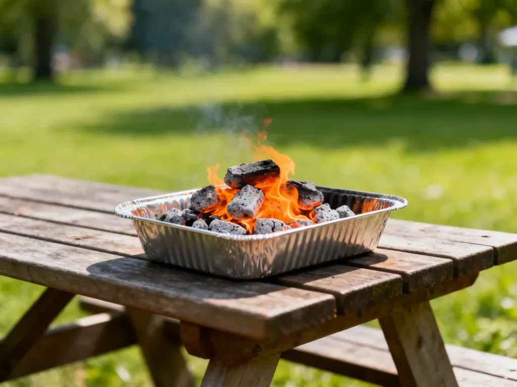 Rozżarzony węgiel w grillu jednorazowym na drewnianym stole w parku. Gotowy do użycia grill w słoneczny dzień.