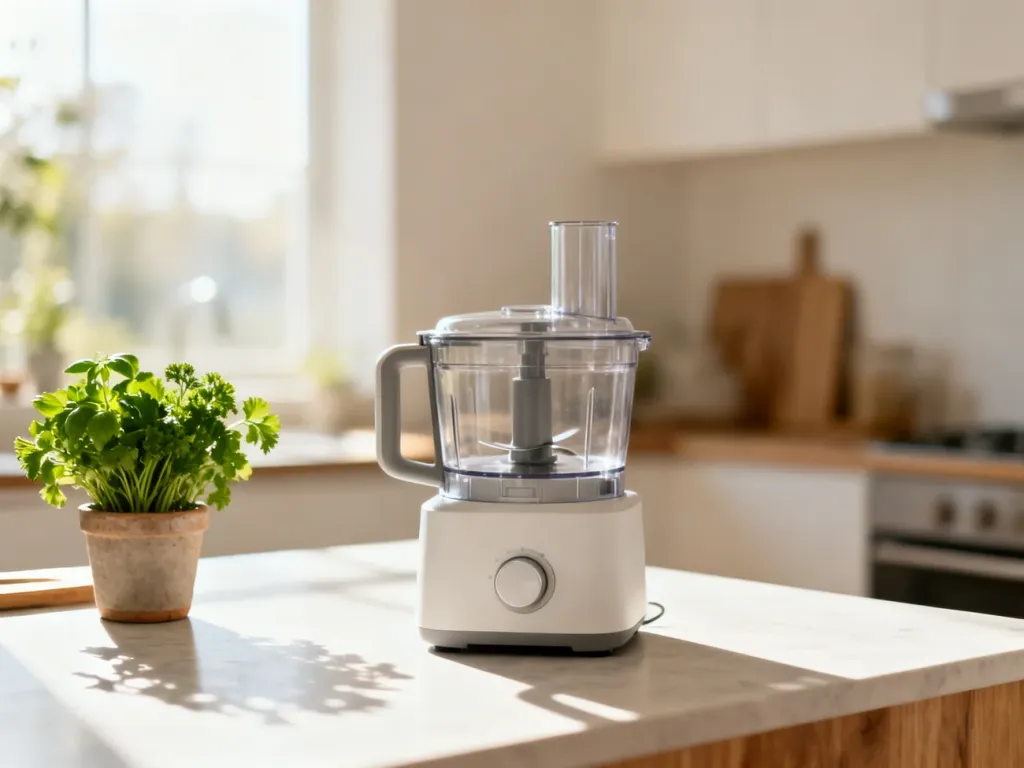 Nowoczesny robot kuchenny Thermomix w eleganckim, minimalistycznym wydaniu na jasnym blacie w słonecznej kuchni.