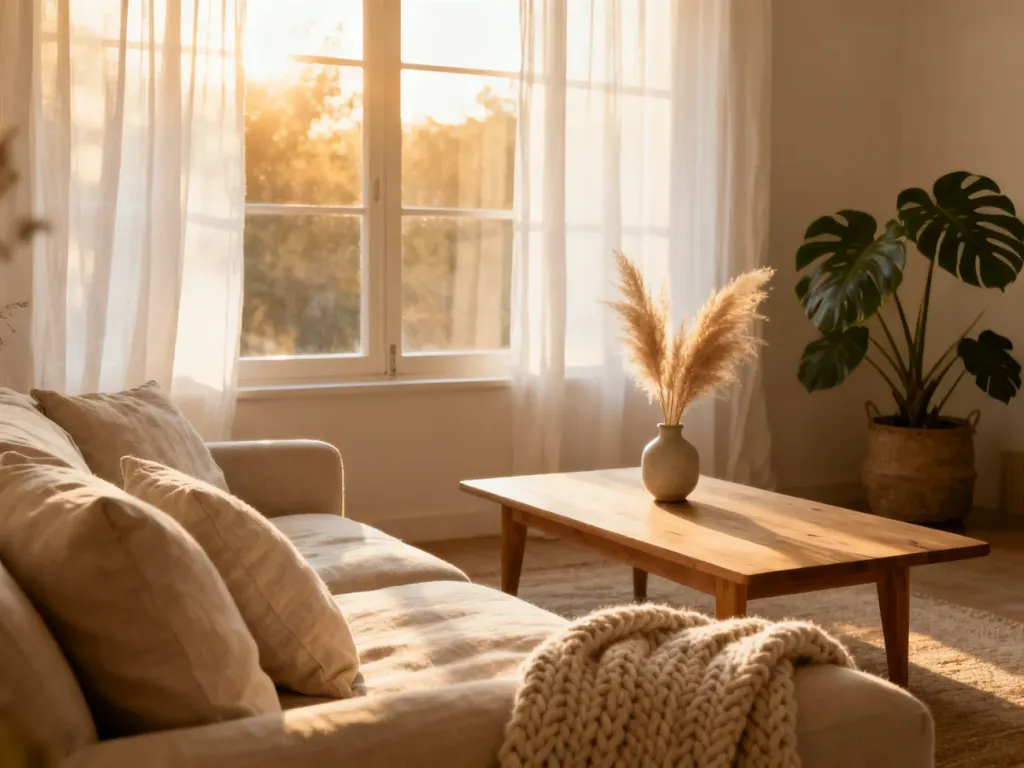 Przytulny salon w stylu scandi boho z jasną sofą, drewnianym stolikiem i roślinami, wypełniony ciepłym światłem dziennym.