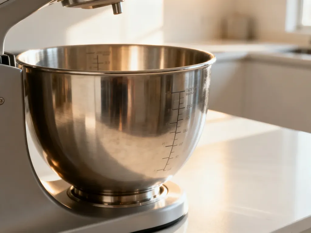 Stalowe naczynie miksujące urządzenia Thermomix z widoczną podziałką na jasnym blacie kuchennym.