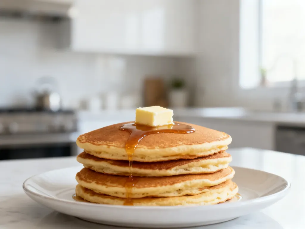 Stos puszystych naleśników pancakes na białym talerzu, polanych syropem klonowym z kawałkiem topiącego się masła.