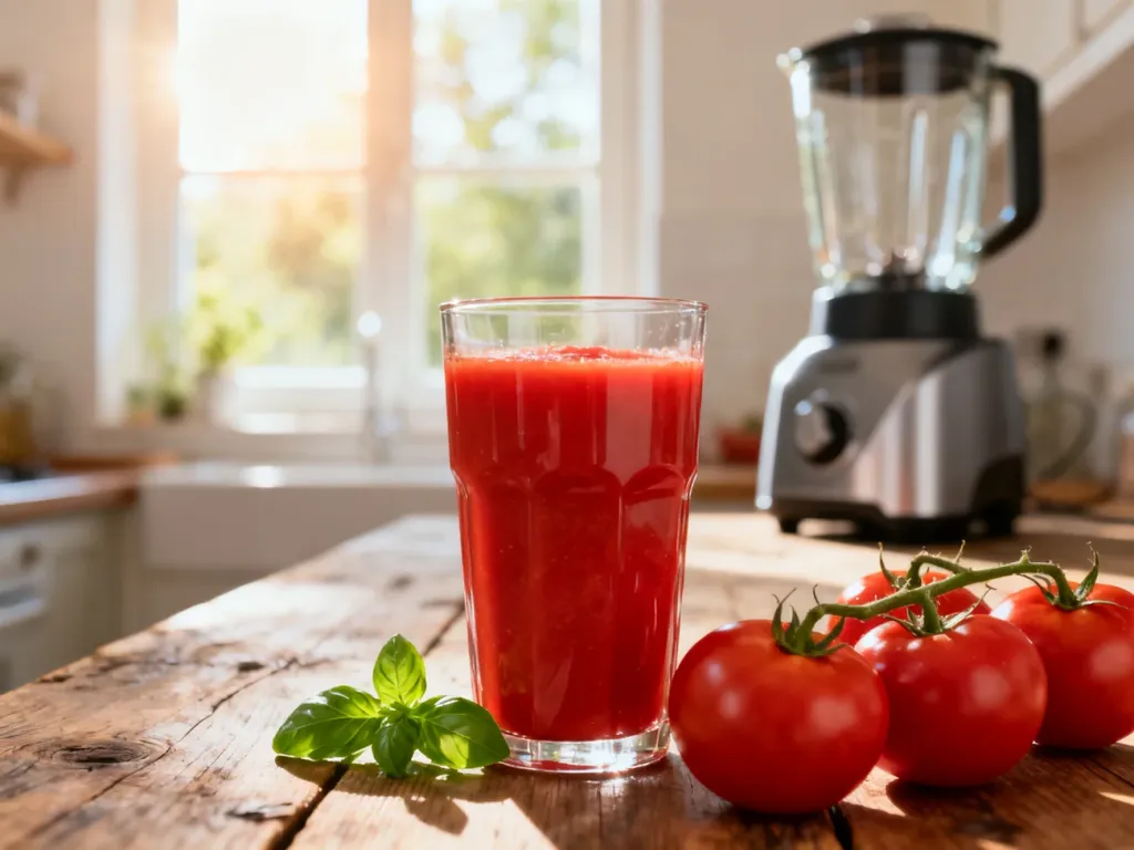 Szklanka świeżego soku pomidorowego z bazylią na drewnianym stole, obok dojrzałe pomidory i blender w słonecznej kuchni.
