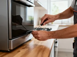 Ekran urządzenia kuchennego z symbolem błędu połączenia w nowoczesnej kuchni.
