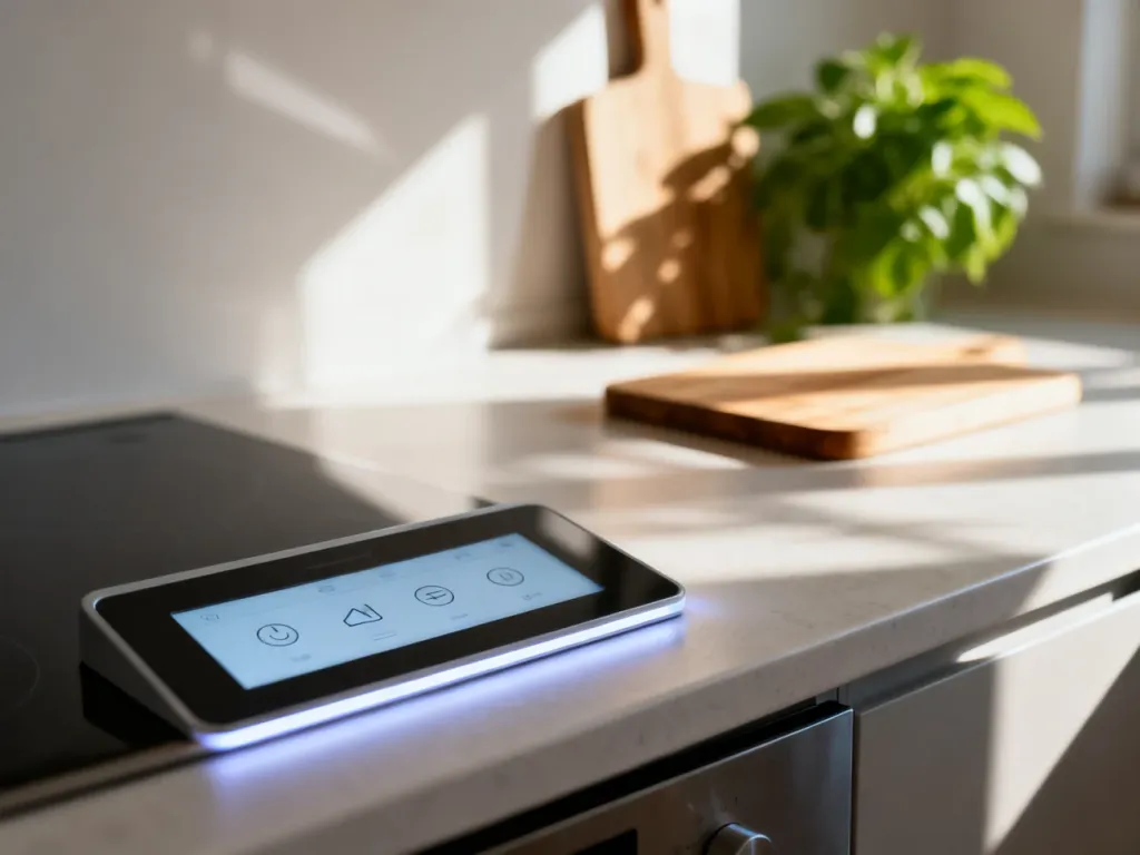 Ekran dotykowy urządzenia Thermomix w nowoczesnej kuchni, gotowy do obsługi ustawień i resetowania systemu.