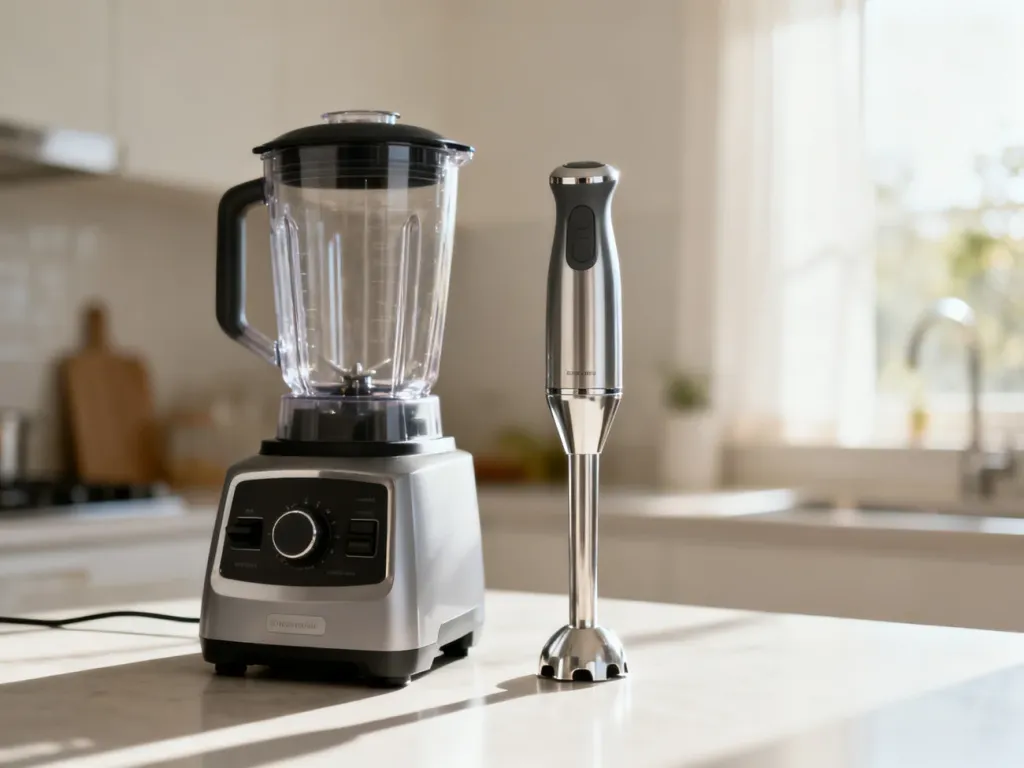 Nowoczesny blender kielichowy i ręczny ustawione obok siebie na kuchennym blacie w jasnej, minimalistycznej kuchni.
