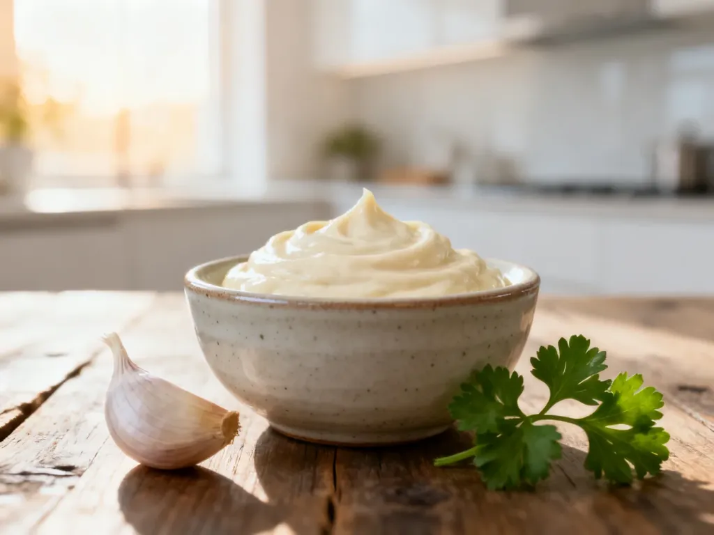 Kremowy sos aioli w ceramicznej miseczce na drewnianym stole, ozdobiony świeżym czosnkiem i natką pietruszki.