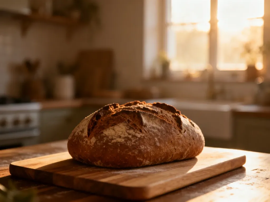 Świeżo upieczony bochenek żytniego chleba na drewnianej desce w przytulnej, słonecznej kuchni.