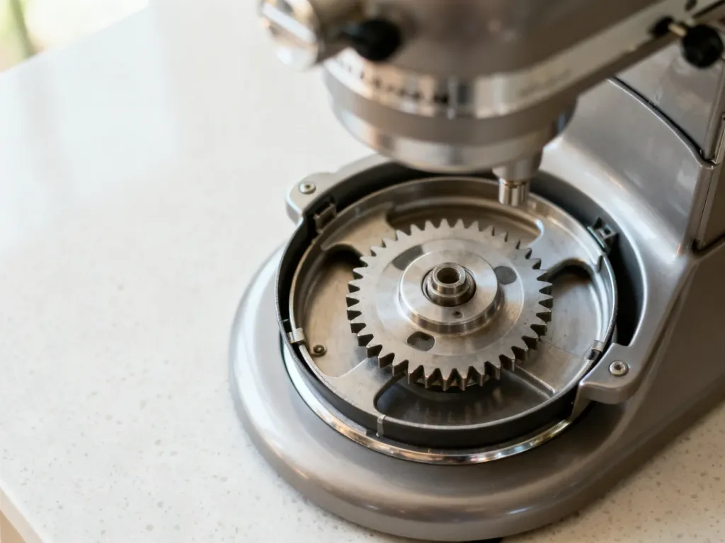 Zbliżenie na mechanizm napędowy robota kuchennego z wyjętą misą miksującą, ukazujące wnętrze urządzenia.