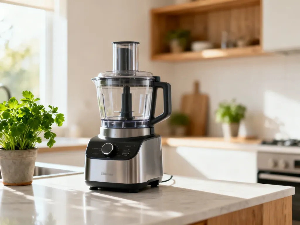 Nowoczesny robot kuchenny typu Thermomix na jasnym, minimalistycznym blacie kuchennym w słoneczny poranek.