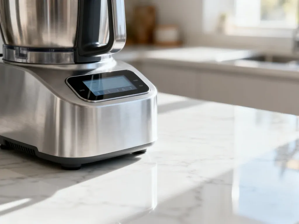 Nowoczesny robot kuchenny Thermomix 6 na marmurowym blacie w jasnej, minimalistycznej kuchni.