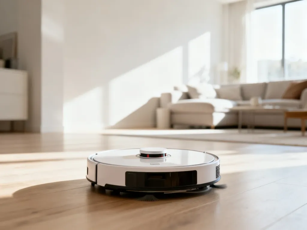 Nowoczesny robot sprzątający na jasnej drewnianej podłodze w minimalistycznym, słonecznym salonie.