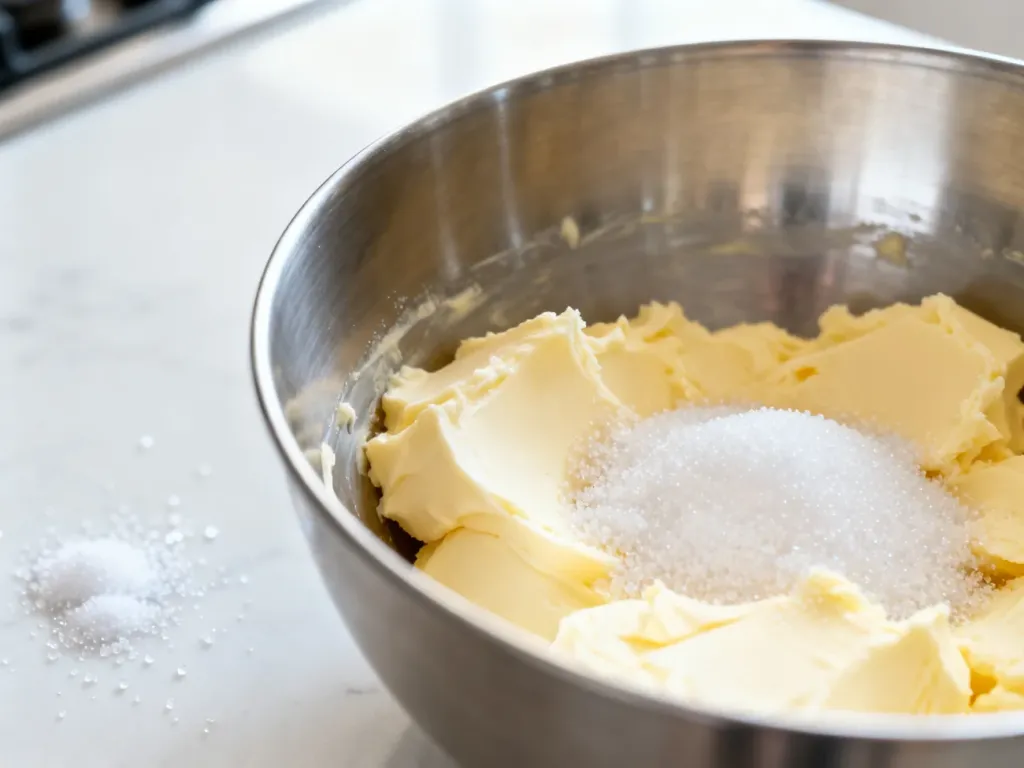 Kremowa masa z masła i cukru w misie miksującej Thermomix, przygotowana do dalszego ucierania.