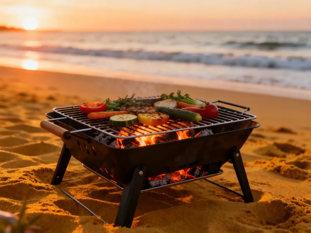 Przenośny grill z warzywami na piaszczystej plaży podczas zachodu słońca nad spokojnym oceanem.