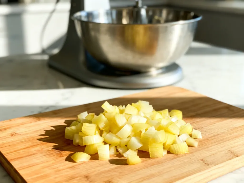 Pokrojona żółta cebula na drewnianej desce do krojenia obok misy urządzenia Thermomix w jasnej kuchni.