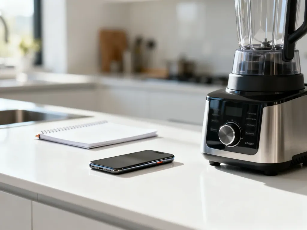 Nowoczesny robot kuchenny na blacie oraz smartfon z notatnikiem w tle, symbolizujące kontakt z obsługą klienta.