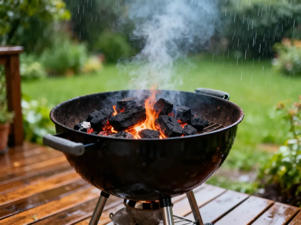 Rozżarzony grill z dymem na drewnianym tarasie w otoczeniu deszczowego, zielonego ogrodu.
