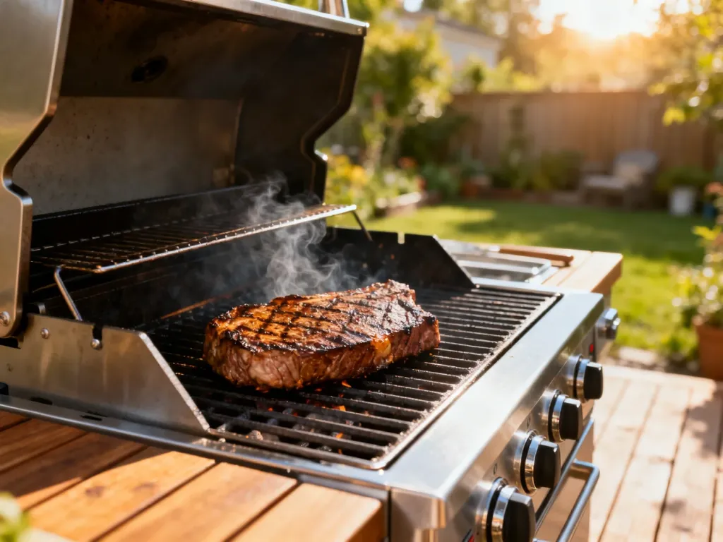 Nowoczesny grill gazowy ze stali nierdzewnej z soczystym stekiem na ruszcie, ustawiony na drewnianym tarasie.