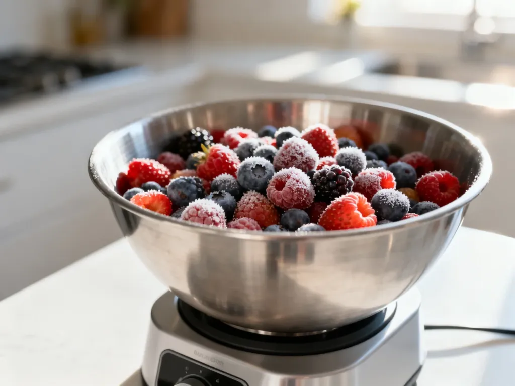Mrożone owoce jagodowe w misie urządzenia Thermomix, gotowe do procesu rozmrażania w nowoczesnej kuchni.