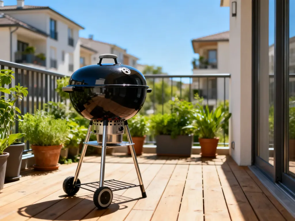Nowoczesny grill węglowy na drewnianym balkonie w bloku, w tle widoczne zadbane osiedle w słoneczny dzień.