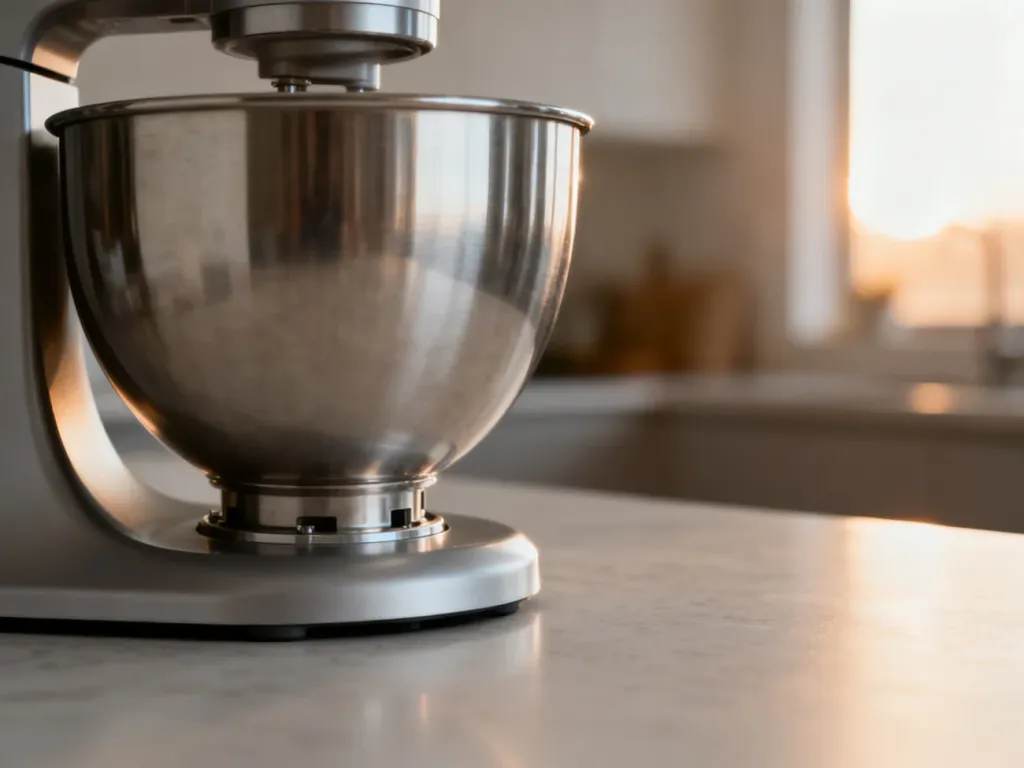 Zbliżenie na misę urządzenia kuchennego typu Thermomix, ukazujące detale konstrukcyjne na nowoczesnym blacie.