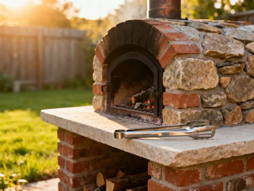 Ręcznie wykonany grill z wędzarnią z kamienia i cegły w słonecznym ogrodzie, z widocznymi szczypcami do grillowania.