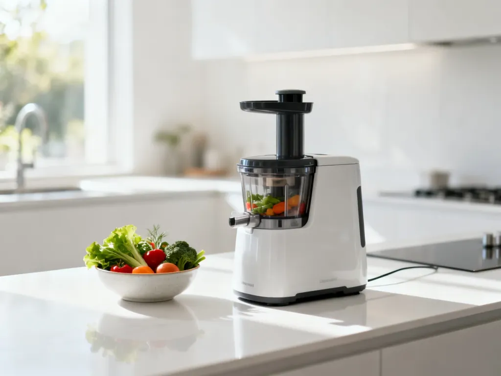 Nowoczesny robot kuchenny Thermomix na blacie obok świeżych warzyw w jasnej, minimalistycznej kuchni.