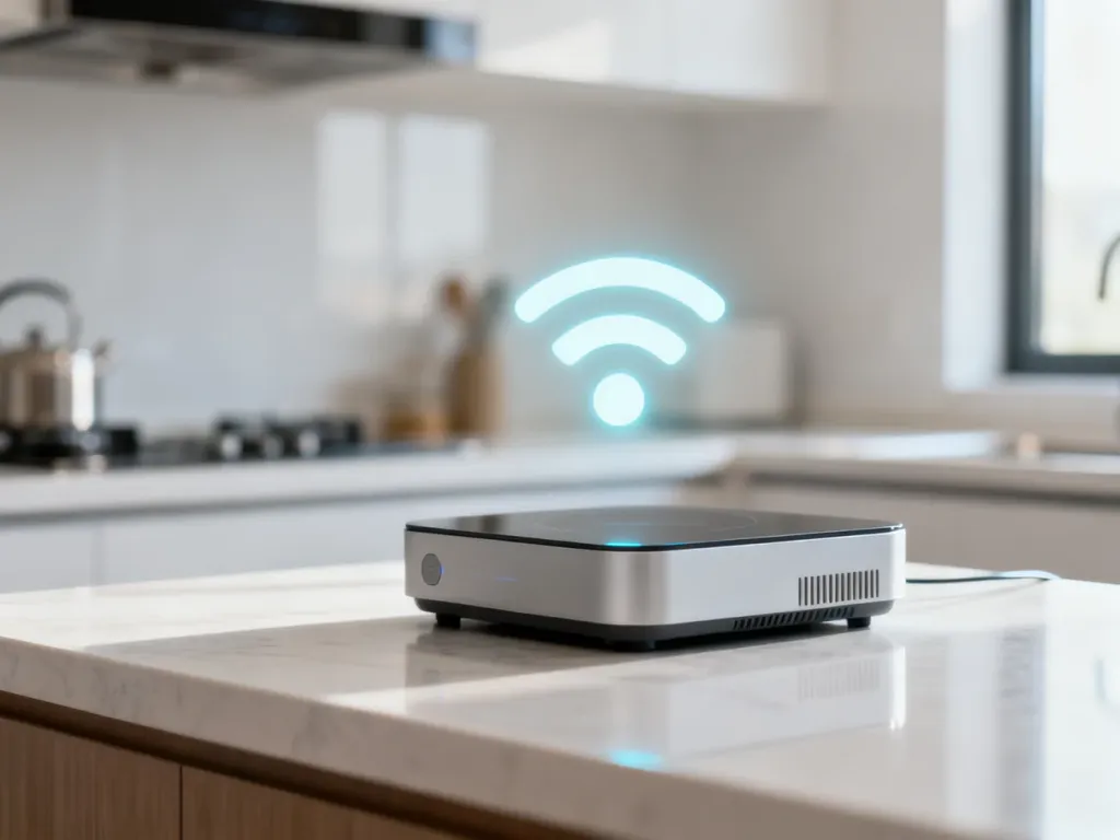 Nowoczesny robot kuchenny na blacie z subtelną ikoną Wi-Fi w tle, symbolizującą połączenie z siecią.
