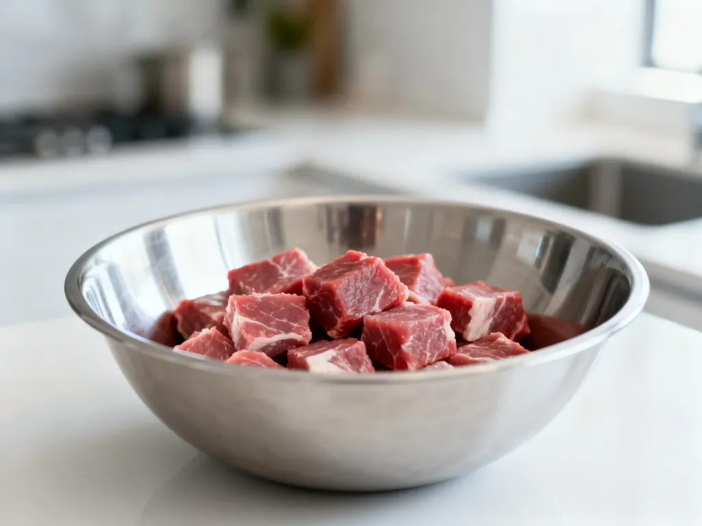 Surowe kawałki mięsa w misie miksującej urządzenia Thermomix, gotowe do zmielenia w nowoczesnej kuchni.