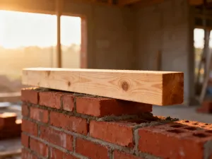 Dłoń w rękawicy ochronnej używa dłuta do skuwania ceramicznej płytki ściennej, przy której unoszą się drobinki pyłu.