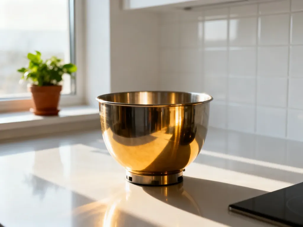 Lśniąca misa miksująca urządzenia Thermomix na czystym blacie kuchennym, gotowa do użycia po dokładnym umyciu.