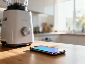 Zbliżenie na pokrętło urządzenia Thermomix ustawione na konkretną funkcję w nowoczesnej kuchni.