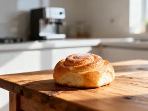 Nowoczesny robot kuchenny Thermomix na jasnym marmurowym blacie w słonecznej, minimalistycznej kuchni.
