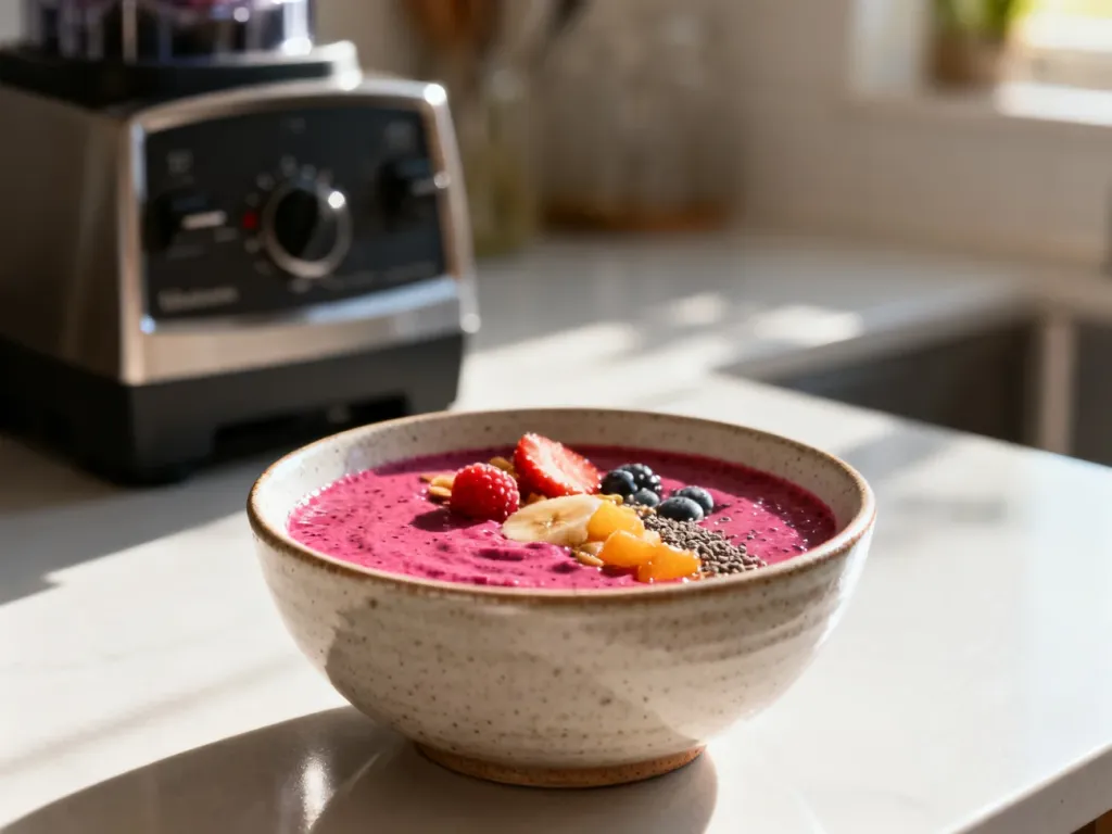 Kolorowe smoothie w ceramicznej miseczce na kuchennym blacie, przygotowane w urządzeniu Thermomix.