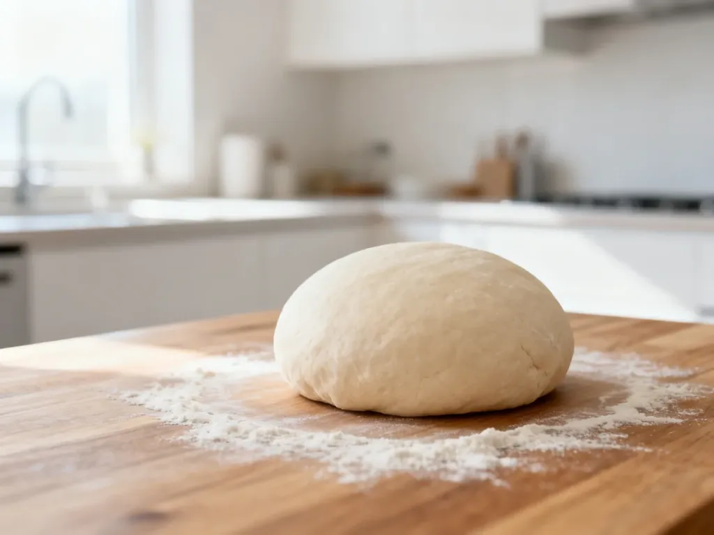 Gładka kula ciasta na pierogi leżąca na drewnianym blacie oprószonym mąką w jasnej, nowoczesnej kuchni.
