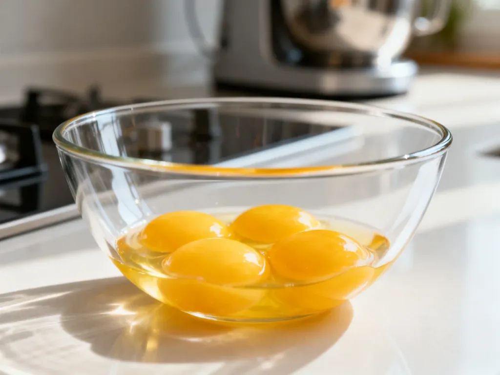 Żółtka jaj w szklanej misce na kuchennym blacie, gotowe do wykorzystania w przepisach z użyciem Thermomixa.