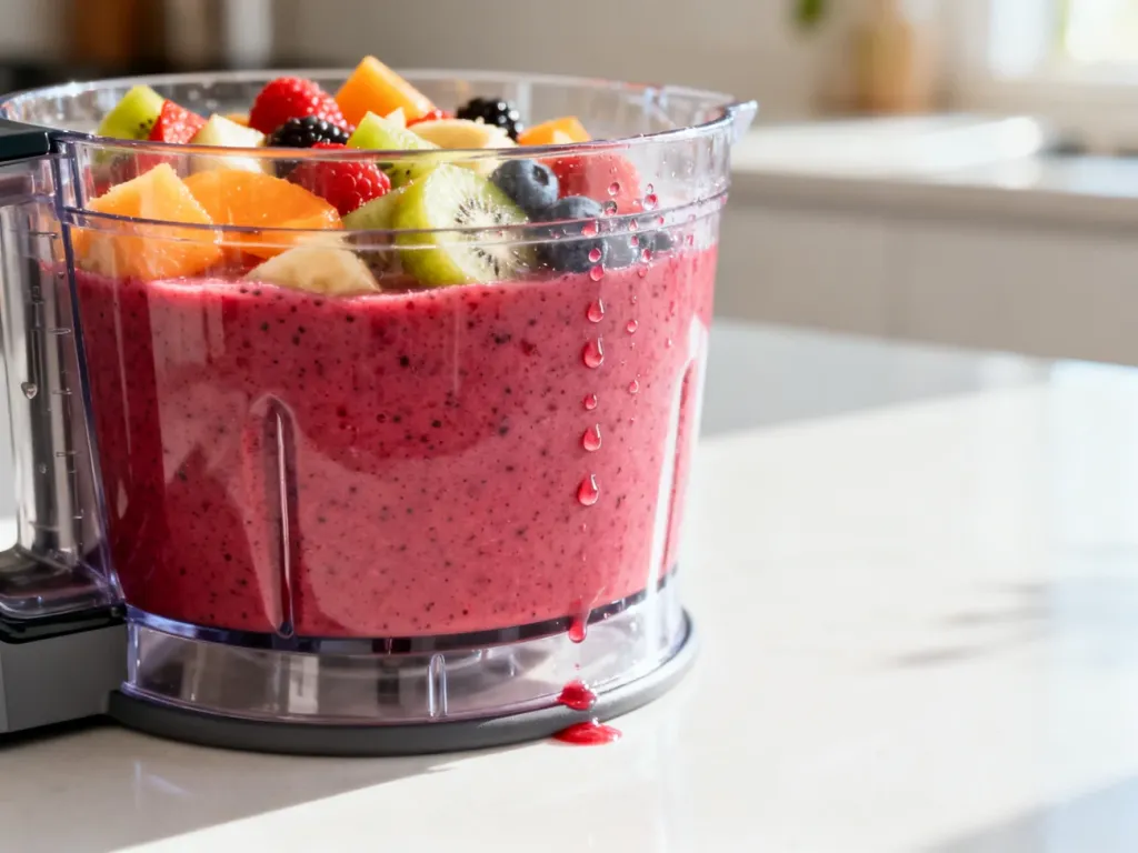 Świeże, kolorowe smoothie w misie urządzenia Thermomix na jasnym, słonecznym blacie kuchennym.