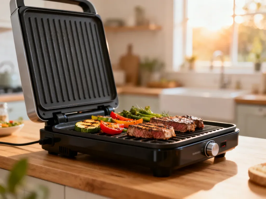 Nowoczesny grill elektryczny z przyrządzonym stekiem i warzywami na drewnianym blacie w jasnej kuchni.