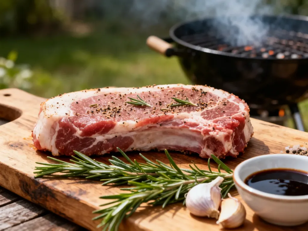 Surowy stek z karkówki z przyprawami, czosnkiem i rozmarynem na desce, przygotowany do grillowania.