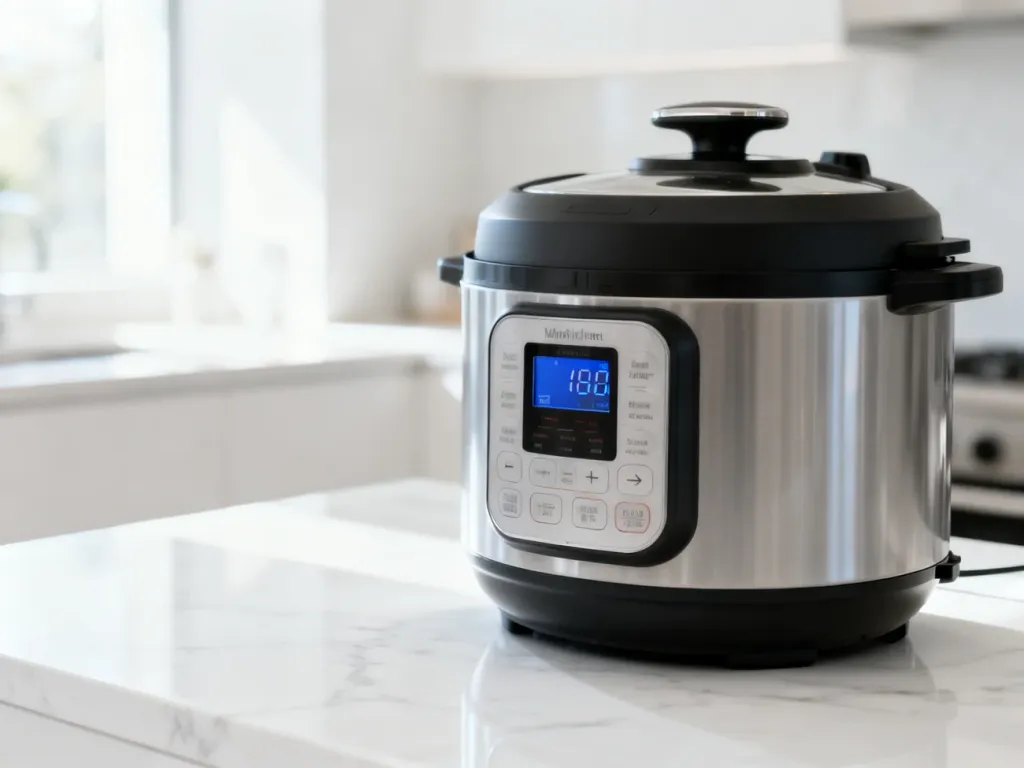 Nowoczesny robot kuchenny Thermomix TM6 ustawiony na jasnym marmurowym blacie w słonecznej kuchni.