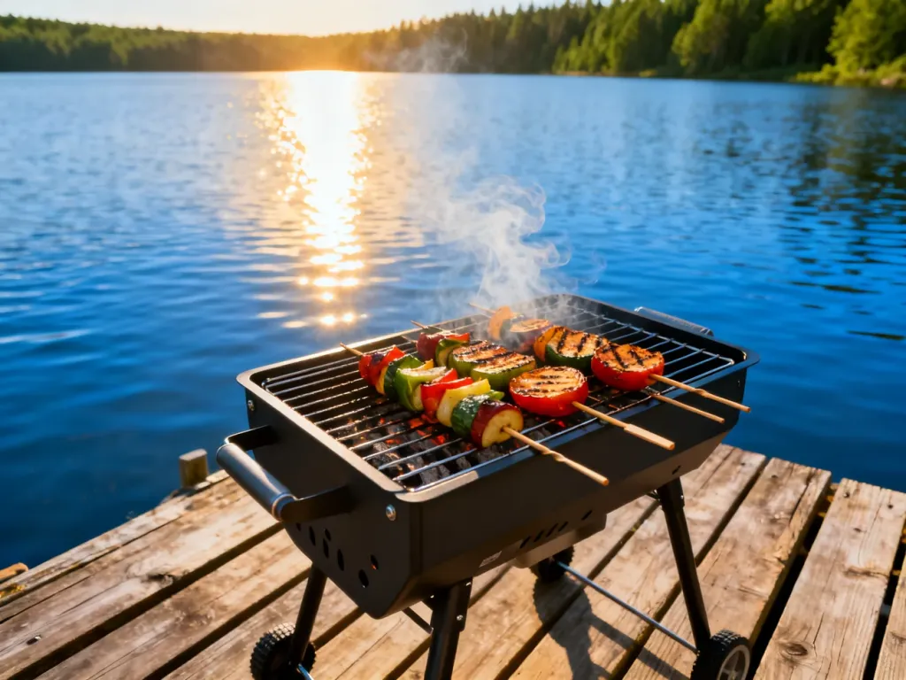 Nowoczesny grill węglowy z warzywami i szaszłykami na drewnianym pomoście nad spokojnym jeziorem w świetle zachodzącego słońca.