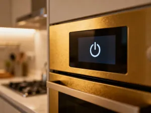 Pokrojona żółta cebula na drewnianej desce do krojenia obok misy urządzenia Thermomix w jasnej kuchni.