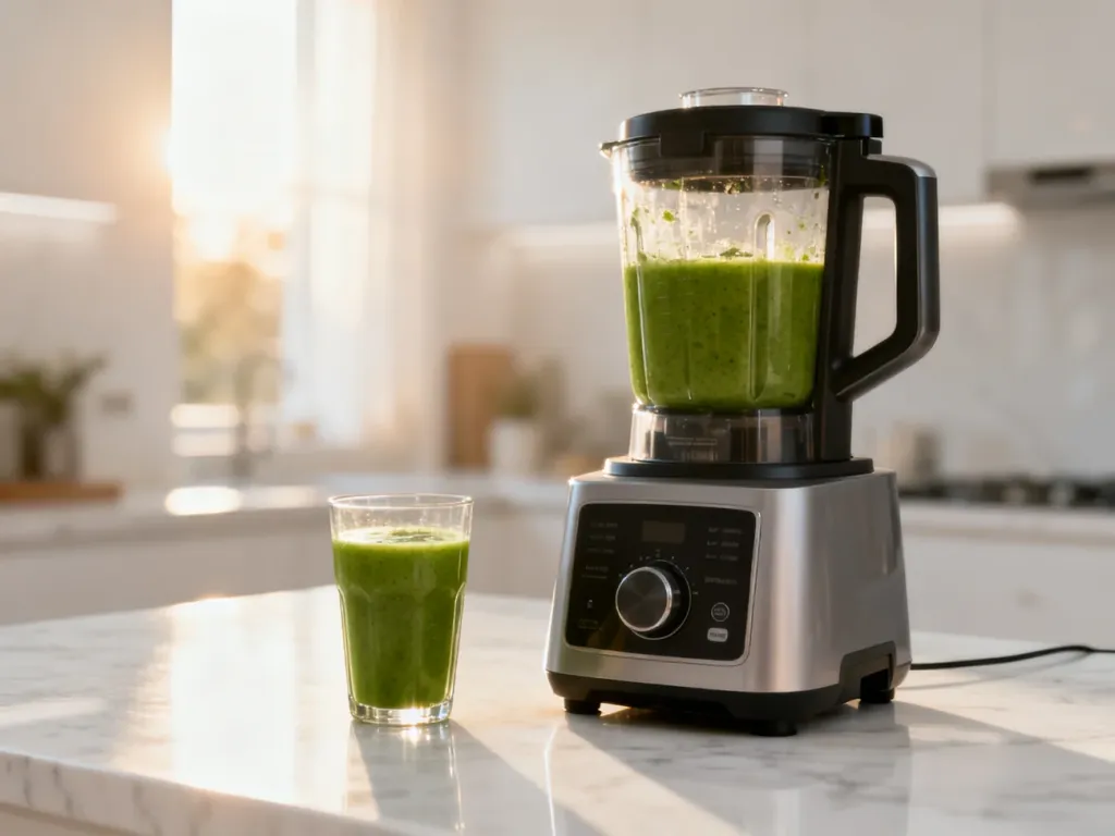 Nowoczesny robot kuchenny na marmurowym blacie obok szklanki zielonego smoothie w jasnej, minimalistycznej kuchni.