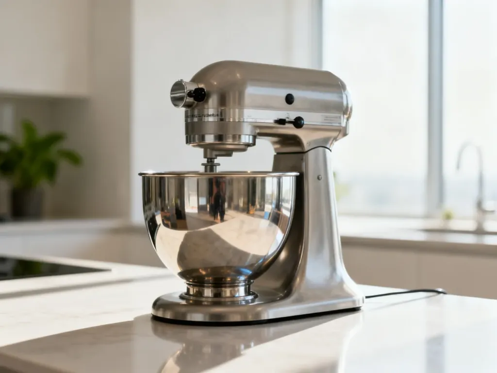 Nowoczesny robot kuchenny Thermomix na czystym blacie kuchennym w jasnej, minimalistycznej kuchni.