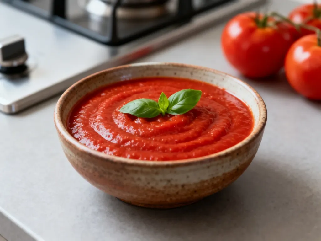 Aksamitny sos pomidorowy w rustykalnej miseczce, udekorowany świeżą bazylią, przygotowany w urządzeniu Thermomix.