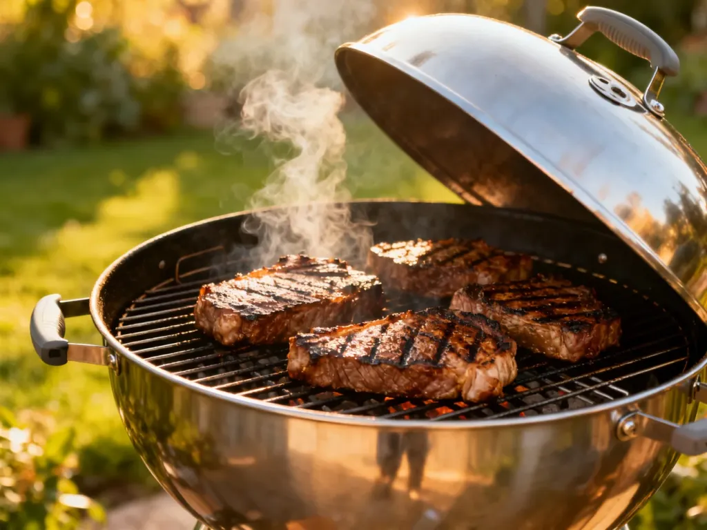 Nowoczesny grill z pokrywą, na którym smażą się soczyste steki, otoczony klimatycznym ogrodem w świetle zachodzącego słońca.