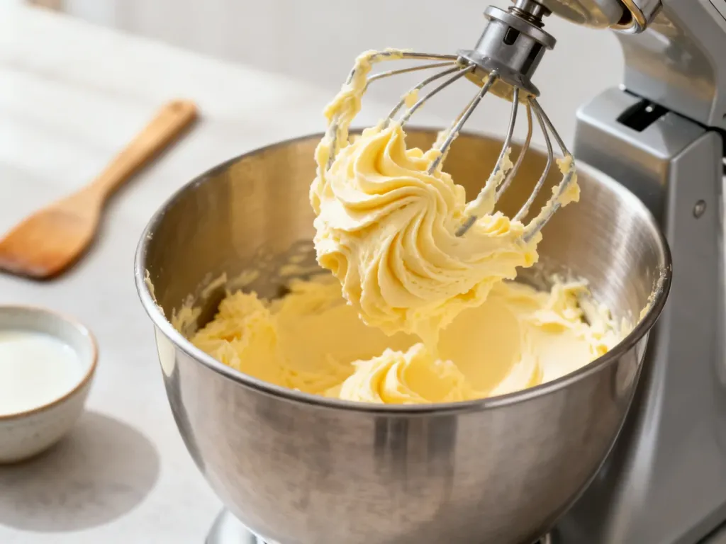 Puszyste masło ucierane w misie robota kuchennego Thermomix, gotowe do użycia w wypiekach.