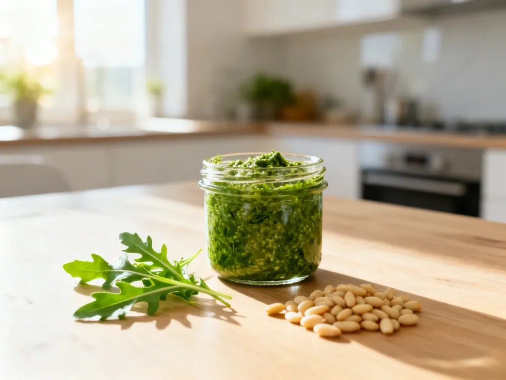 Słoiczek domowego pesto z rukoli z orzeszkami pinii na drewnianym stole w jasnej kuchni.