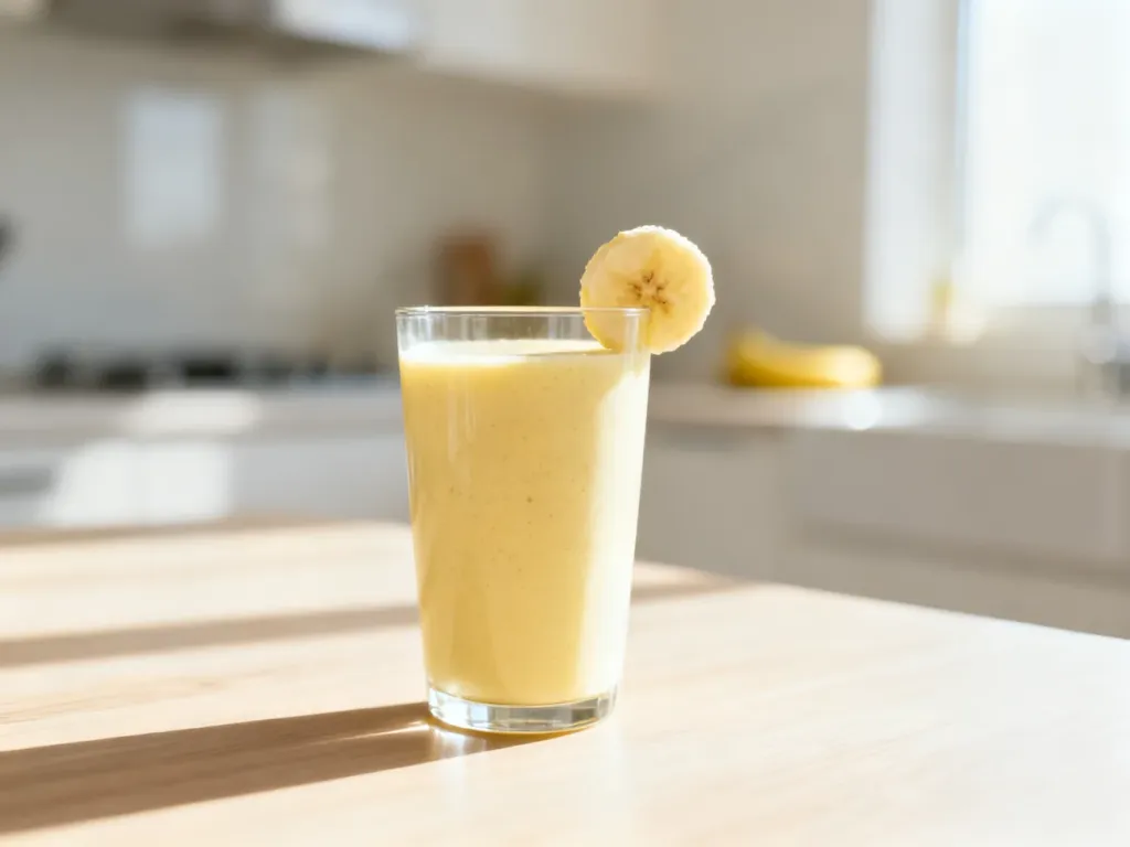 Kremowy shake bananowy w szklance z plasterkiem owocu na drewnianym stole w jasnej kuchni.