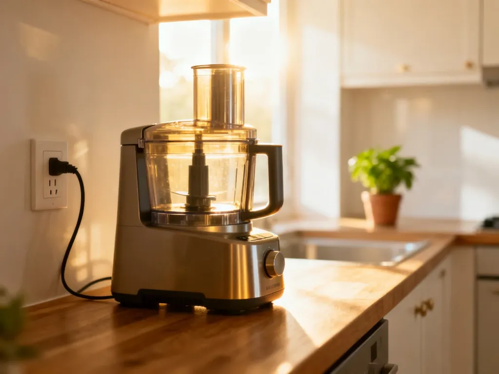 Nowoczesny robot kuchenny ustawiony na blacie w jasnej, minimalistycznej kuchni z dostępem do gniazdka elektrycznego.