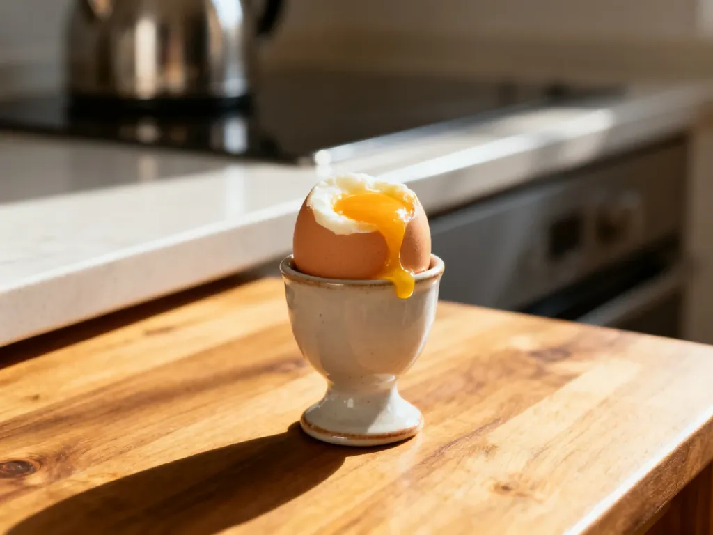 Jajko na miękko z płynnym żółtkiem w ceramicznym kieliszku na drewnianym stole, przygotowane w stylu Thermomix.